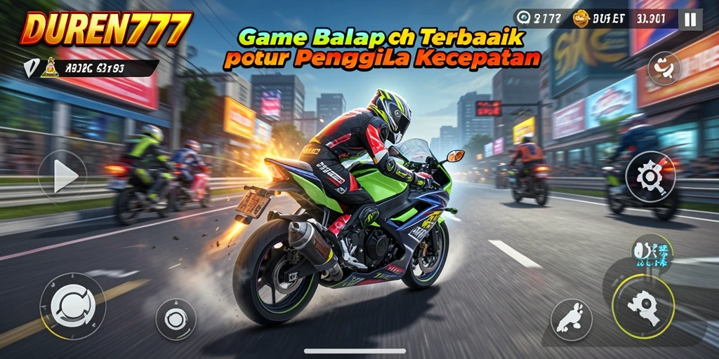 Screenshot gameplay DUREN777 menampilkan balapan motor yang mendebarkan.