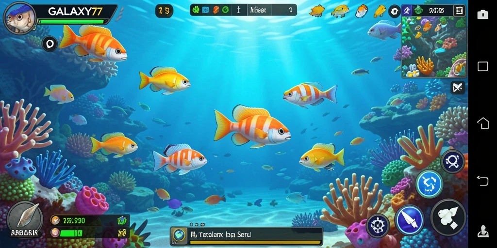 Screenshot gameplay seru dengan ikan berwarna-warni di GALAXY77.