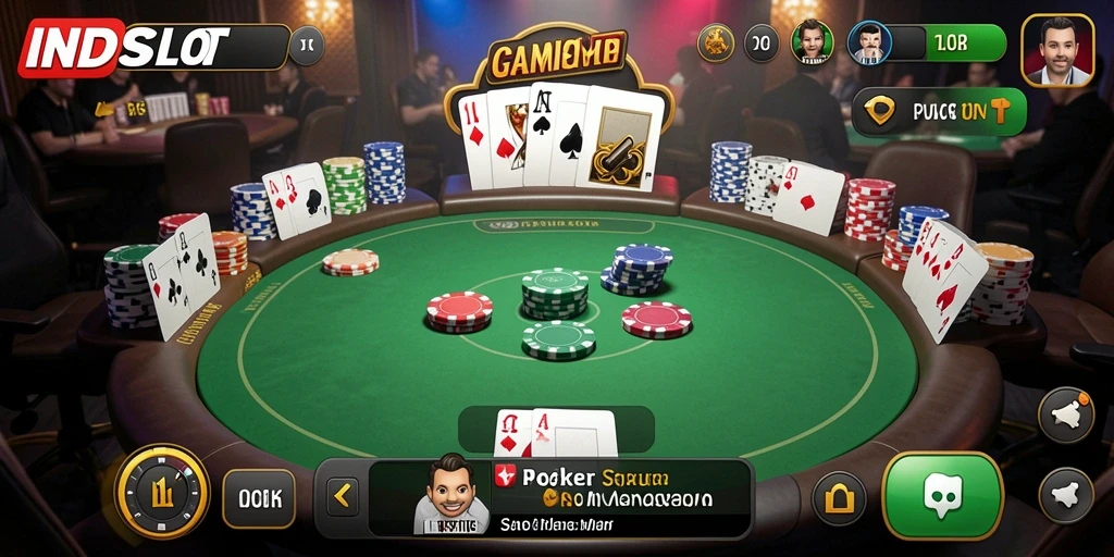 Screenshot INDSLOT menampilkan aksi seru poker yang melibatkan pemain nyata.