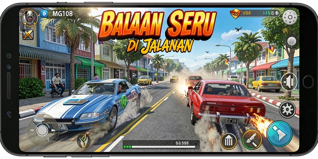 Screenshot MG108 menampilkan momen balapan seru dengan mobil cepat di trek yang menantang.