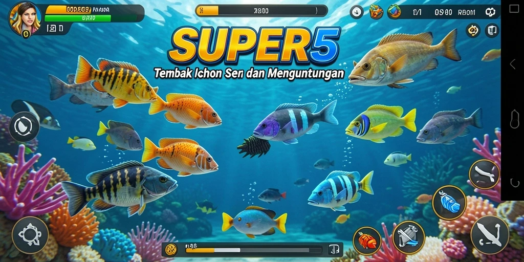 Tampilan gameplay seru dari SUPER5 saat menangkap ikan.