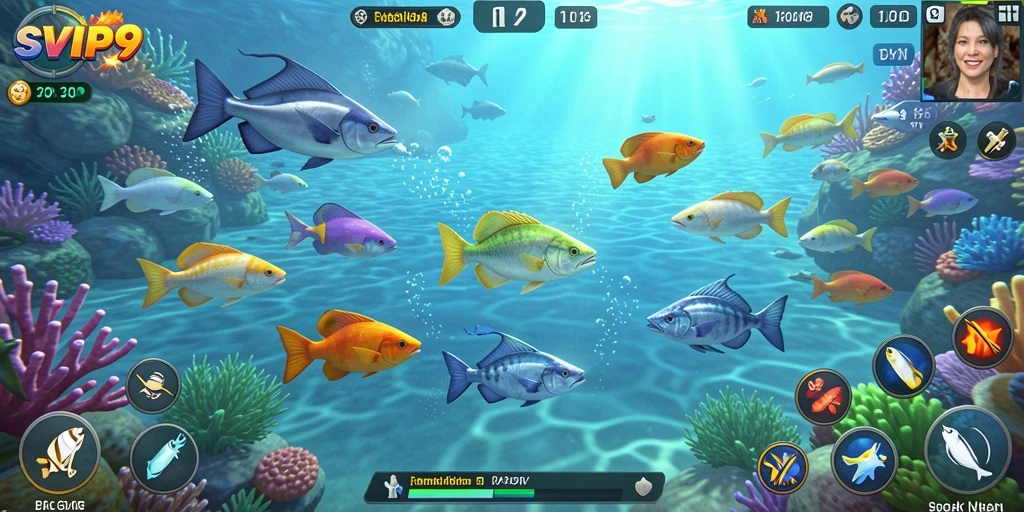 Screenshot gameplay SVIP9 menunjukkan aksi menembak ikan yang seru.