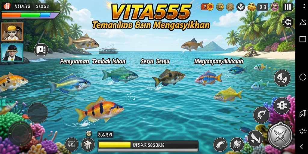 Tampilan gameplay seru dari VITA555 menembak ikan berwarna-warni.