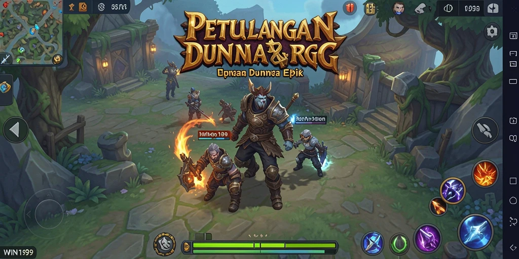 Tangkapan layar utama WIN199 menunjukkan aksi pertempuran RPG yang mendebarkan.